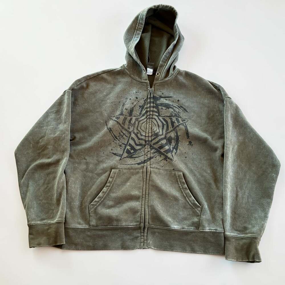 Social Collision Star Swirl Acid Wash Zip-Up Hoodie